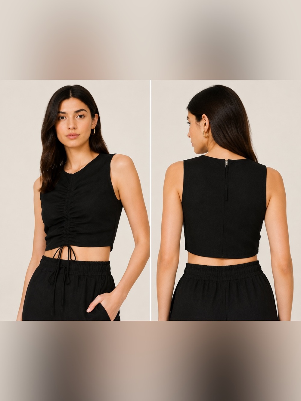 NWT Something Navy Black Ruched Back Crop Top Zip Back Linen Size Sm